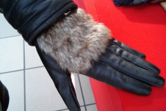 Customer tries on Leather Gloves with Faux Fur @ Airforce Base